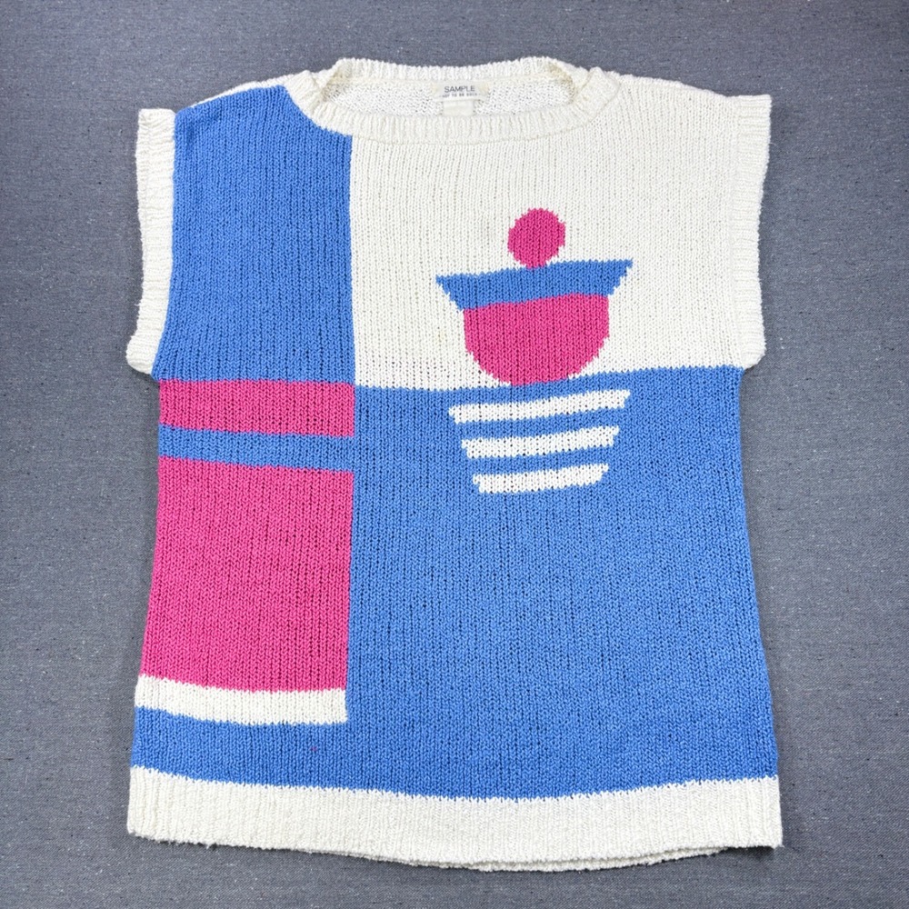 Sample Vintage Catalina Pink White Blue Women 60s/70s Mod Geometric Sweater S